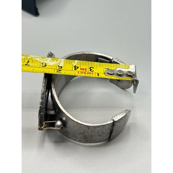 Unusual Black Stone Slab Cuff Bracelet Silver Tone Hinged Side Statement Cuff - Picture 11 of 11